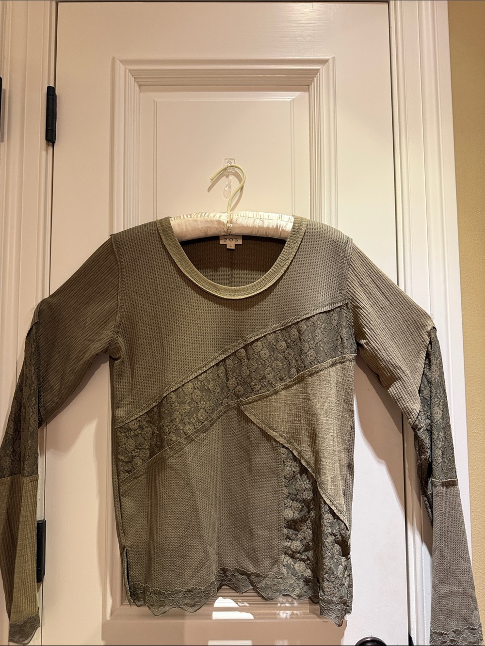 POL Lace-Trim Khaki Olive Long Sleeve Women's Top-NWT-Size L